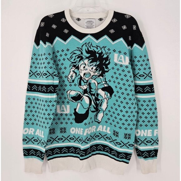 MY HERO ACADEMIA Funimation A-1 Class Sweater Sz L Turquoise Black White - Picture 1 of 7